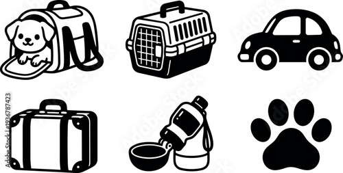 Flat design pet travel icons showing puppy in carrier bag and hard crate car suitcase water bowl paw print silhouette