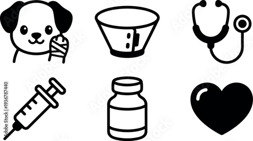 Flat design simple veterinary icons set dog with bandage cone syringe vial stethoscope heart medical pet care monochrome outline vector