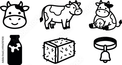 Line art vector set showing smiling cow head standing cow sitting calf nursing milk bottle cheese block and cow bell