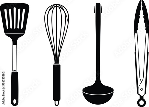 Kitchen utensils set including spatula whisk ladle and tongs, cooking tools for home and professional chefs, cad drawing flat vector illustration.