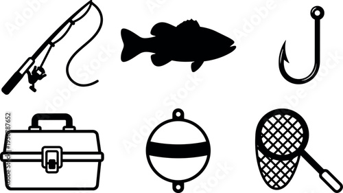 Flat design fishing gear icons set showing fishing rod fish hook tackle box bobber landing net in simple monochrome style
