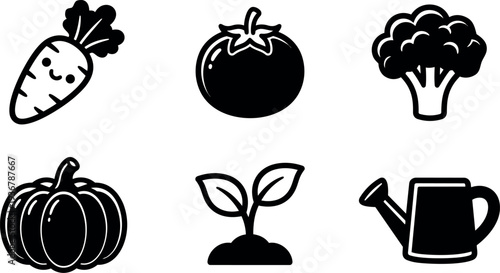 Flat design cute vegetable icons set close up carrot smiling tomato broccoli pumpkin seedling watering can black silhouette minimal vector