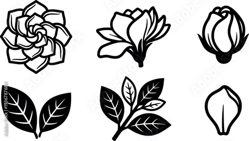 Line art floral icon set showing six botanical symbols leaves petals and buds in clean black and white scalable vector