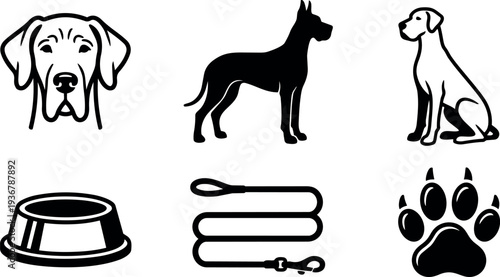 Flat design minimalist dog icon set dog head standing profile sitting dog bowl leash paw badge vector pet care logo