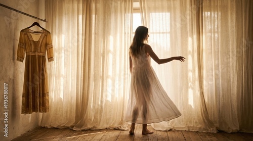 Serene woman in flowing white dress by window with sheer curtains and vintage dress hanging.
