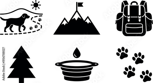 Flat design set of hiking dog icons with backpack mountain tree water bowl and paw prints in simple black silhouettes