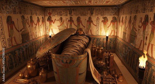 Ancient Egyptian sarcophagus with mummy inside, surrounded by grave goods in a tomb with hieroglyphs on the walls