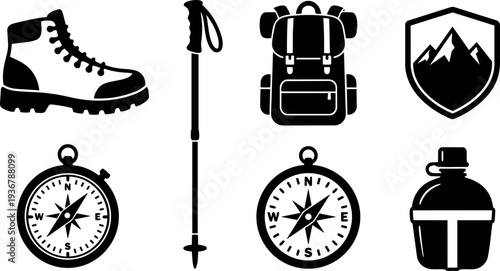 Minimalist flat design hiking gear icons set boot trekking pole backpack compass canteen outdoor badge top view display monochrome silhouette