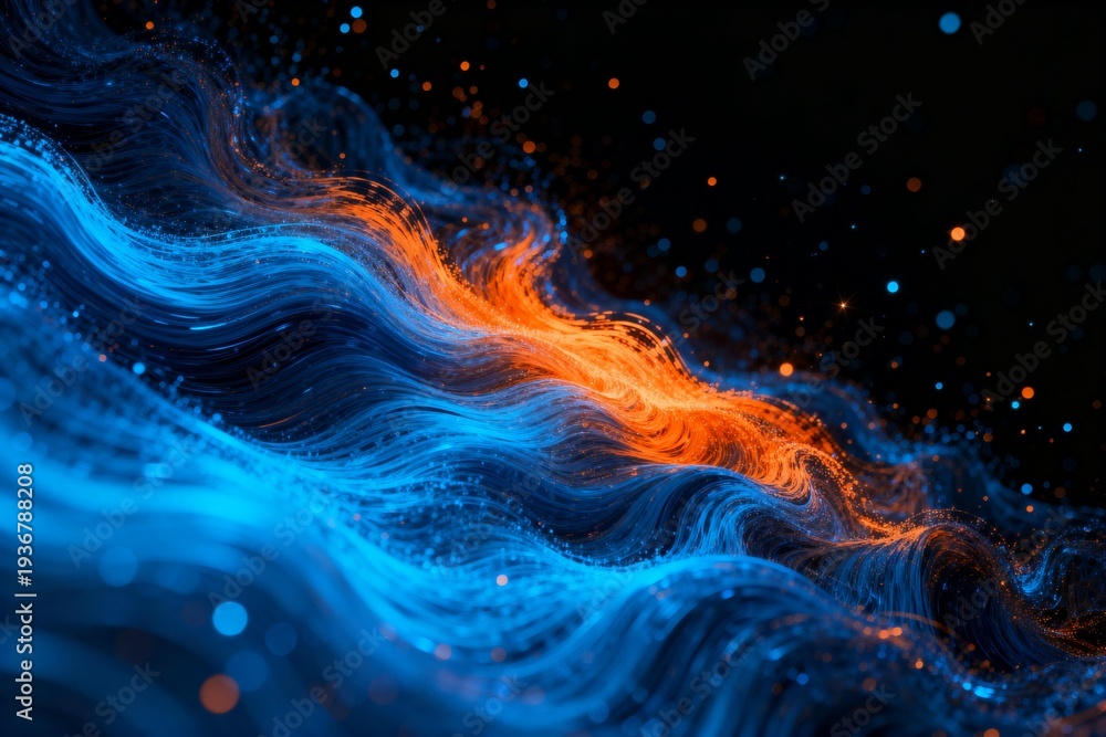Obraz premium Abstract Wave of Blue and Orange Particles on Black Background