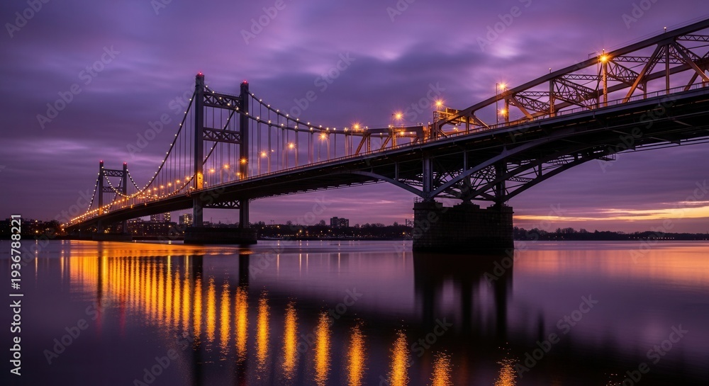 Fototapeta premium Dramatic Nighttime Bridge Illumination Reflecting On Calm Water With Gorgeous Sky