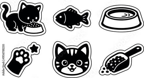 Sticker style black and white cat icons showing kitten eating from bowl fish scoop paw face close up collection vector
