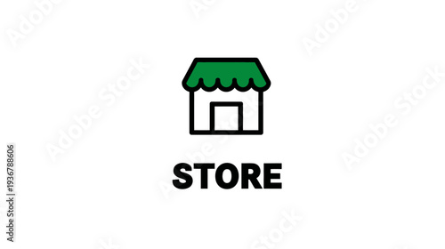 Minimalist Black Line Store Icon with Green Awning and Text on White Background. Shop Symbol, Retail, E-commerce, Marketplace Graphic Element.