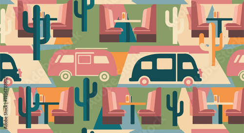 Retro Desert Road Trip Seamless Pattern: Vintage Camper Vans, Diners, and Cacti in a Flat Design Style