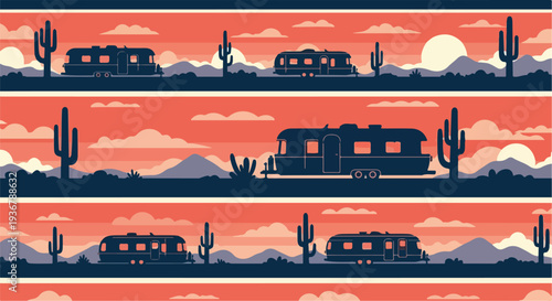 Retro RV campers in a desert landscape with saguaro cacti and mountains under a sunset sky