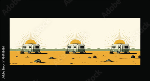 Three retro travel trailers parked in a vast desert landscape under a rising sun, evoking vintage road trip adventures and nomadic freedom.