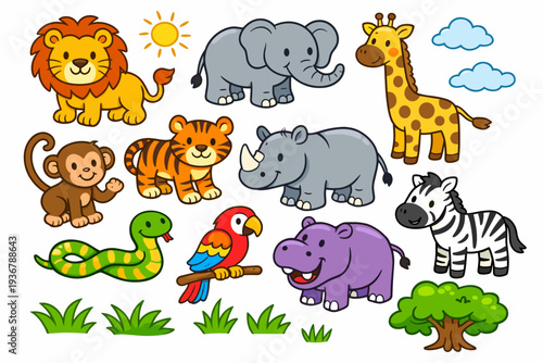 Cute cartoon safari animals collection with lion, elephant, giraffe, tiger, rhino, zebra, monkey