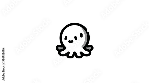 Adorable minimalist cartoon octopus illustration. Simple black and white vector graphic of a smiling sea creature icon.