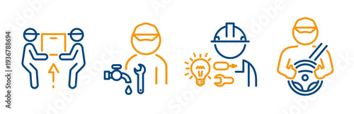 Loaders icon, electric master, plumber service, driver, set outline profession icons