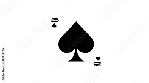 Unique Black Spade Playing Card with Number 25. Abstract graphic design for gambling, games, and concepts on white.