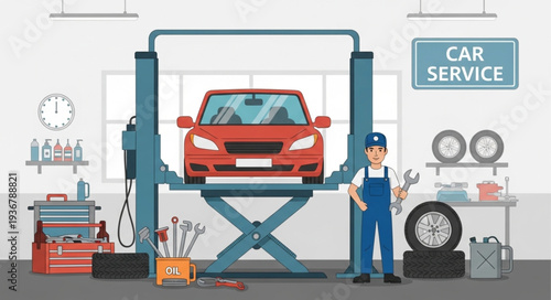 Automobile on Hydraulic Lift in Auto Repair Shop.