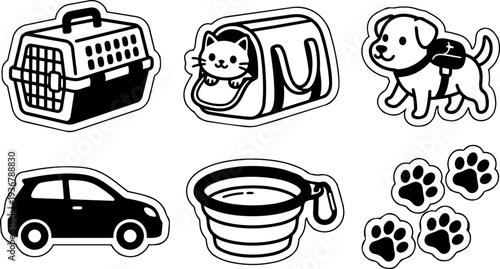 Flat design pet travel sticker set with cat peeking from carrier cute dog with harness car bowl and paw prints