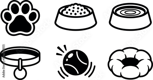 Flat line art icon set paw bowl can collar ball and bed six pet care icons simple black outline vector
