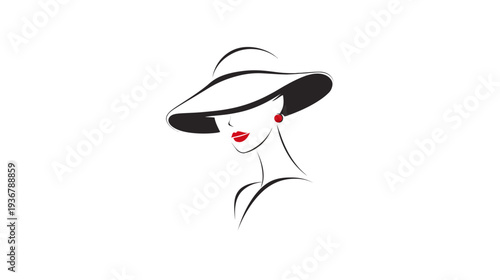 Elegant woman wearing a stylish wide-brimmed hat with red lips and earrings. Fashionable minimalist line art illustration for beauty and style.
