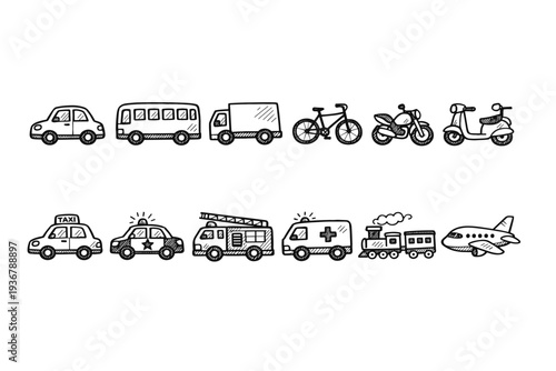 Collection of hand-drawn transportation vehicles and modes of travel in a doodle style