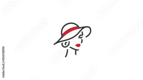 Minimalist line art illustration of a fashionable woman in a hat with red lips. Elegant beauty and style vector icon.