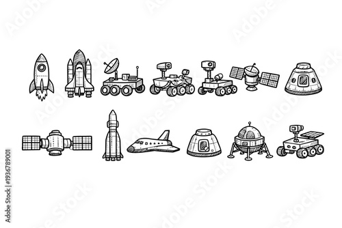 Collection of hand-drawn space exploration vehicles and spacecraft in a doodle style