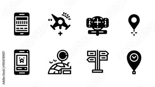 Modern black navigation and location icons set featuring GPS, map pins, travel apps, compass, and direction signs for digital design.