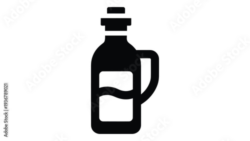 Black Silhouette of Oil Storage Bottle with Handle and Cork Lid, Isolated on White Background, Vector Icon