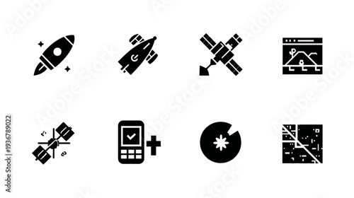 Diverse vector icons set featuring space rocket, racing car, satellite, web interface, mobile phone, and water lily on white.