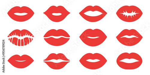 Vibrant red lipstick mark collection with various mouth silhouettes and kiss shapes for fashion promotion