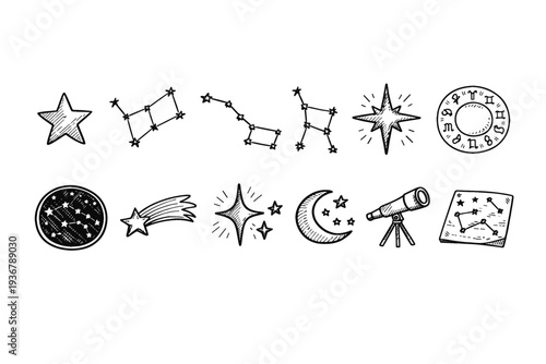 Hand-drawn collection of celestial bodies and astronomical symbols in a doodle style