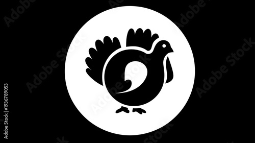 Stylized white turkey icon in a circular frame, symbolizing Thanksgiving, autumn harvest, and holiday food celebration.