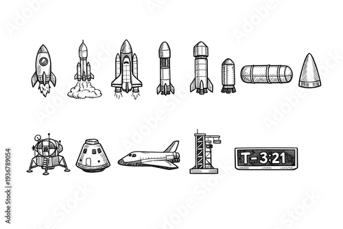 Collection of hand-drawn rockets, spacecraft, and launchpad illustrations on a white background
