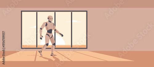 Robot walking in minimalist interior with large windows at sunset  