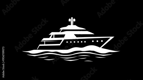 White Silhouette of a Large Luxury Yacht on Ocean Waves Icon Isolated on Black Background