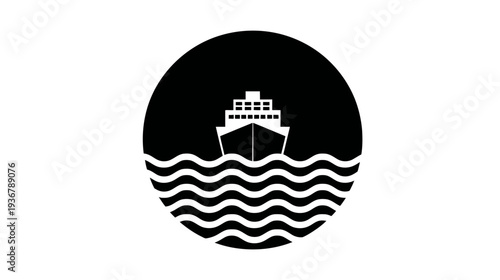 Minimalist front view of a cargo ship sailing on wavy ocean water, simple vector icon in a black circular frame, maritime transport symbol.