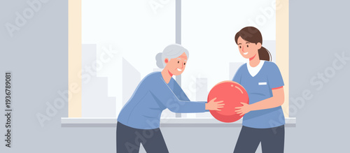 Elderly woman exercising with a caregiver using a fitness ball indoors  