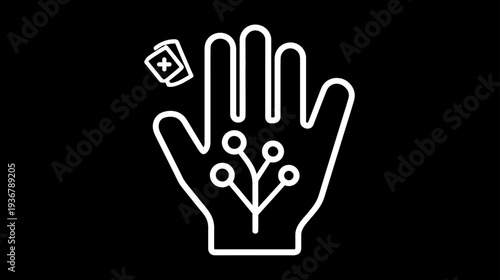 Digital health concept icon: Human hand with integrated biotechnology, data connections, and medical records, symbolizing future innovation and science.