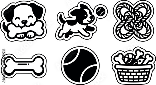 Sticker style black and white dog icon set showing playful puppy chewing bone fetching tennis ball in simple line art