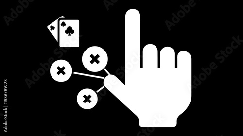 Online card game icon with pointing hand, playing cards, losing options. Digital gambling, betting, and interactive decision-making concept.