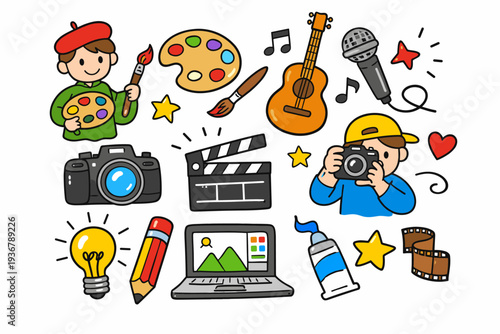 Creative arts and entertainment icons collection with painter, photographer, and musical instruments