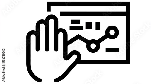 Hand interacting with a digital screen displaying a business data graph and analytics for growth concept icon