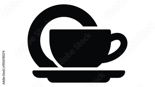 Elegant black tea cup and saucer set icon isolated on white background for serving hot beverages