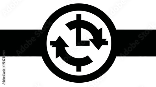 Modern black and white graphic banner with a central circular emblem symbolizing financial transaction, currency circulation, or refresh.