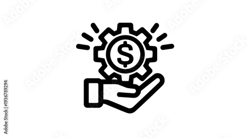 Hand holding a gear with a dollar sign icon, symbolizing financial growth, business solutions, income generation, and value creation.