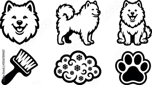 Line art dog grooming icon set showing smiling samoyed head standing profile sitting full body brush foam paw print badge